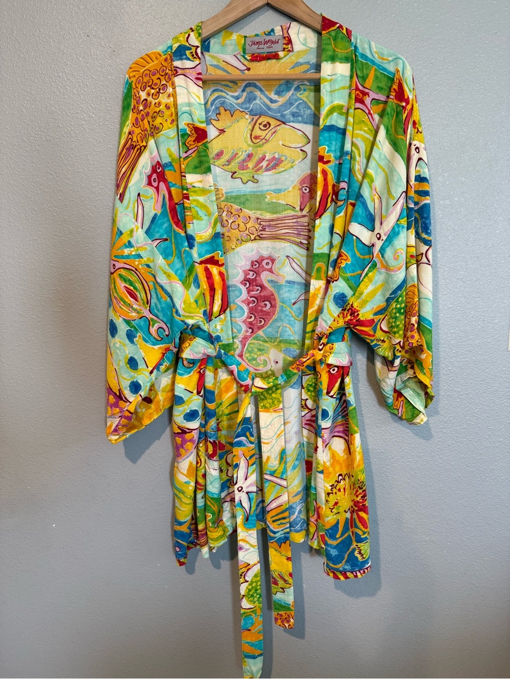 Vintage Jams World Sea Creatures Vibrant Tropical Fish Kimono Robe Swim Coverup